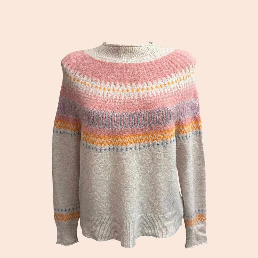 J. Crew Pink Orange Merino Wool Alpaca Blend Fair Isle Knit Oversized Sweater XS